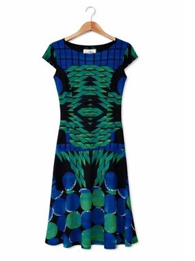 Joseph Ribkoff Abstract Fit & Flare Cap Sleeve Blue Green Black Size 4